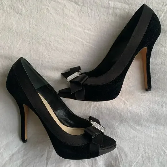 Vintage Christian Dior Logo Mirror Bow Ribbon Velvet Peep Toe Pumps Heels Black - Picture 6 of 11